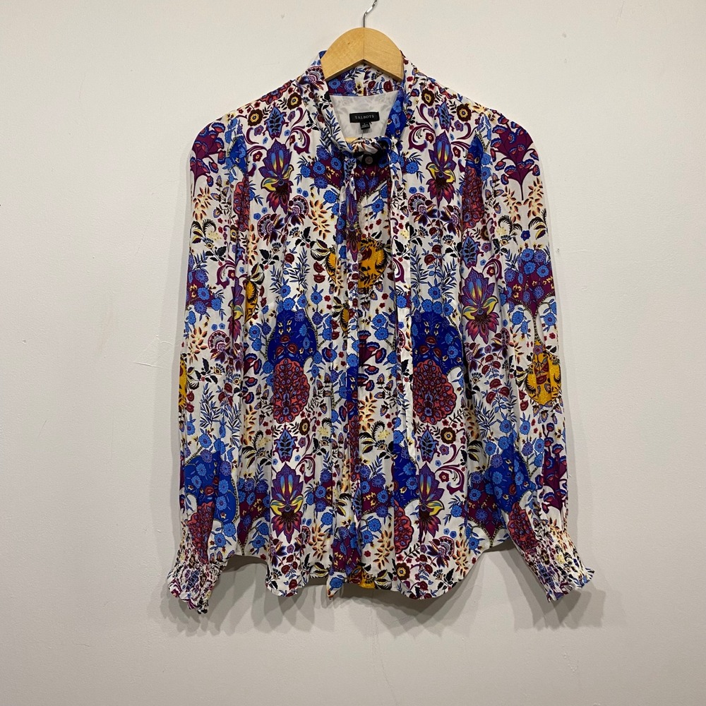 Talbots Womens Small Multi Color Paisley Floral Tie Neck Smocked Cuff Blouse NEW